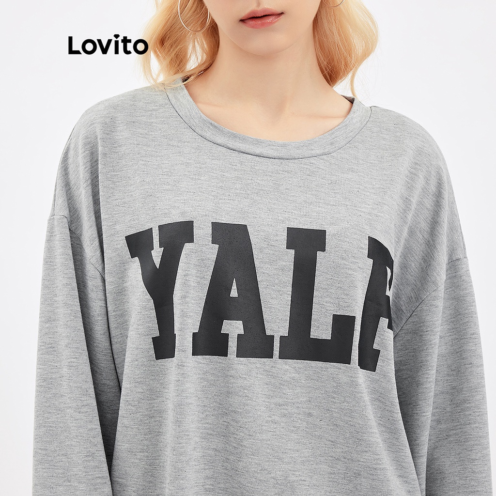 [Hàng có sẵn] Lovito Áo len cổ thuyền chữ Loose L30AD010 (Xám)