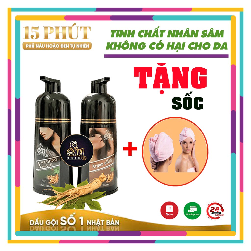 Sin hair⚡ FREESHIP ⚡Dầu gội Sin hair nhuộm tóc phủ bạc nhân sâm, phủ đen tóc phủ nâu tự nhiên số 1 Nhật Bản 500ml #