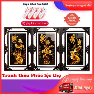 Tranh thêu Phúc Lộc Thọ kim sắc kích thước 60x40cm (thành phẩm)