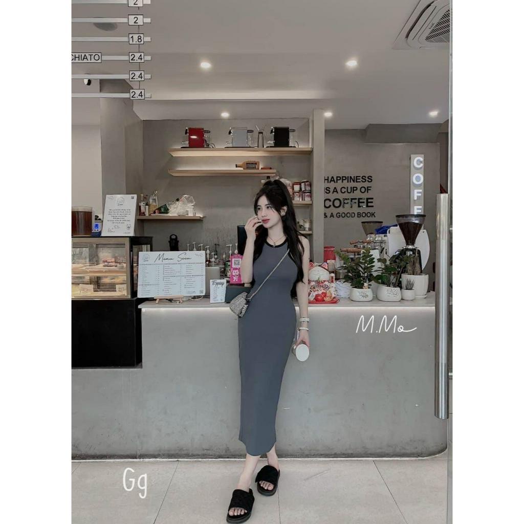Đầm 3 lỗ viền màu ôm body dáng dài xẻ tà sau trơn nhà gồ cực xinh , chất thun gân mềm mịn