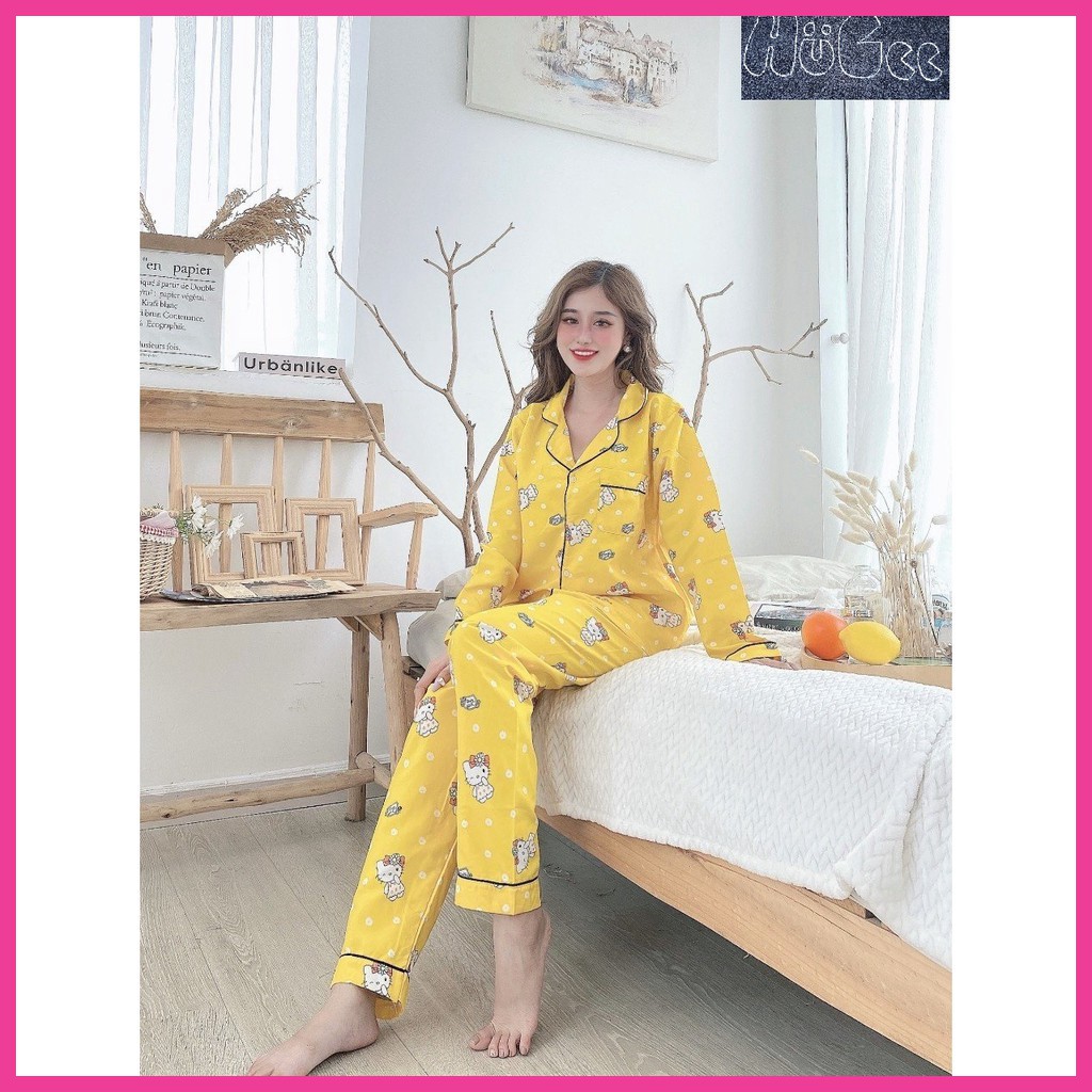 [FREESIZE] Đồ bộ mặc nhà Pijama HUGEE cao cấp vải Kate Thái loại 1 màu  vàng họa tiết Hello Kitty A002
