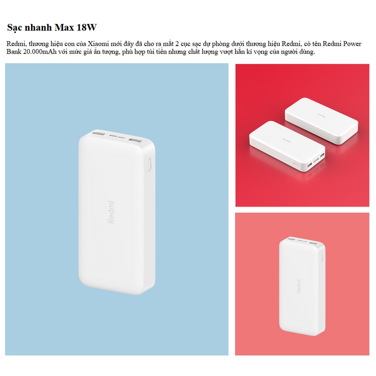 ( Bản Quốc tế ) Pin Sạc Dự Phòng Xiaomi -Redmi 20000MAH Chính Hãng vn Phân Phối