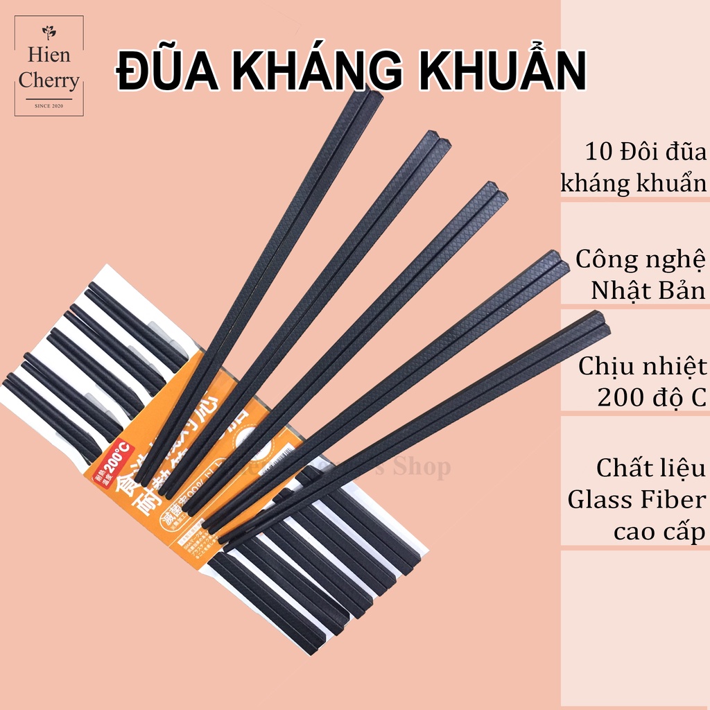 Set 10 đôi đũa kháng khuẩn chống nấm mốc, chịu nhiệt 200 độ C, chất liệu sợi thủy tinh cao cấp, công nghệ Nhật Bản