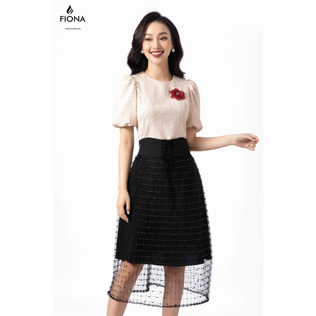 Chân váy dáng dài FIONA, Chân váy công sở xếp ly lưới phối sợi kim tuyến F250733