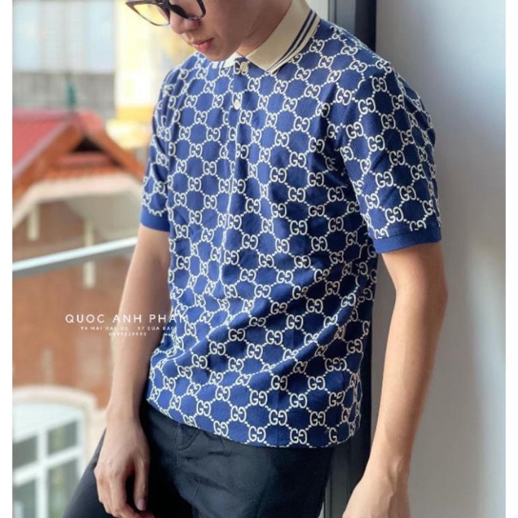 [FREE SHIP] Áo Polo Nam Gucci Xanh Navi Cổ Kem Hàng Cao Cấp
