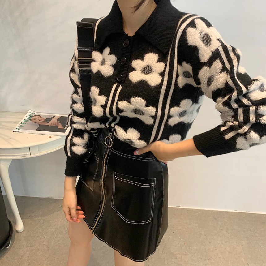 Áo sweater dệt kim tay dài in hoa ba chiều phong cách Pháp cổ điển