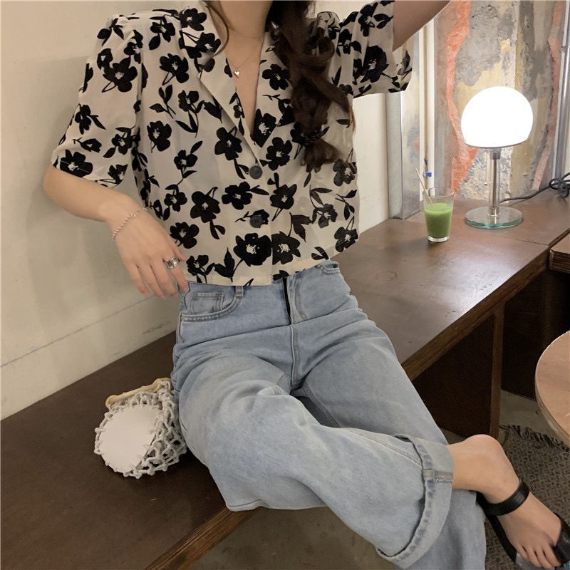 Hong Kong-style girl gentle retro flower slim lapel shirt woman