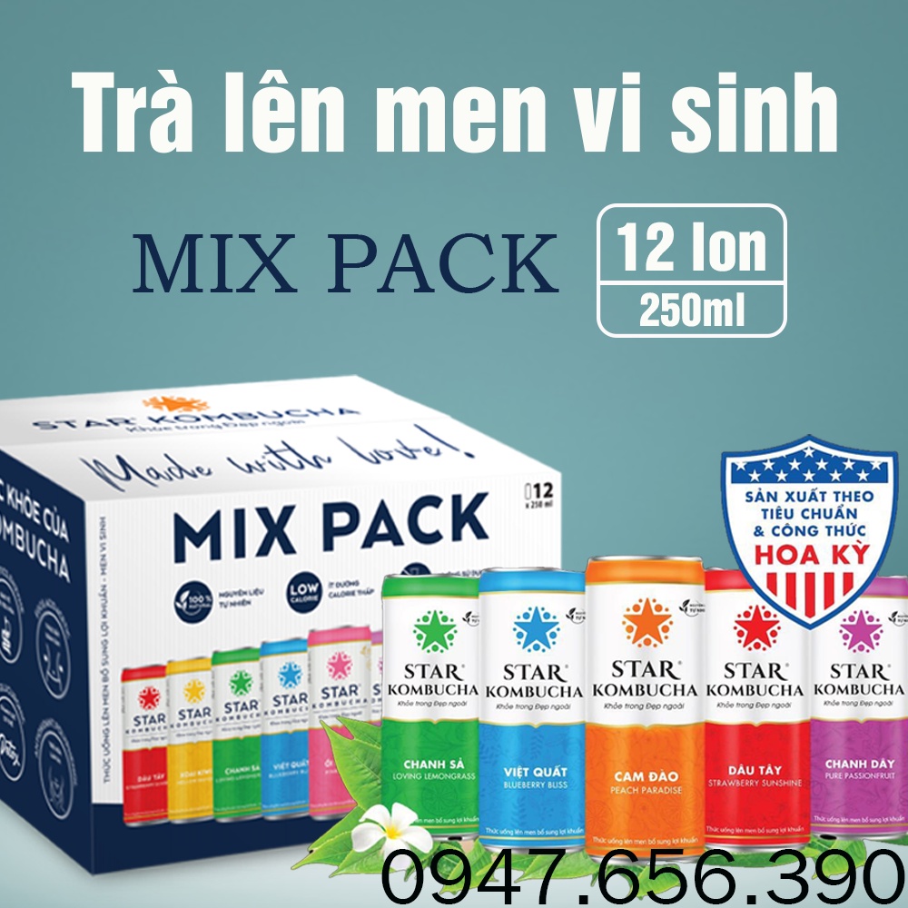Thùng 12 lon trà STAR KOMBUCHA - Trà lên men vi sinh chứa probiotics giúp bảo vệ sức khoẻ