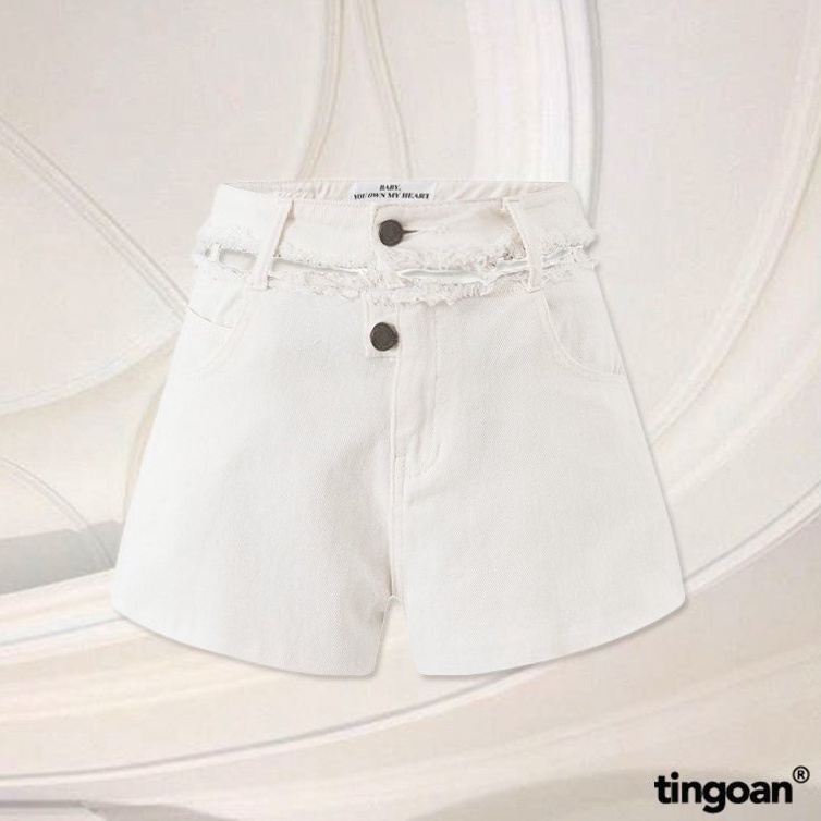 TINGOAN® - Quần short bò cạp rời gấu cắt tua rua trắng tingoan MAMIII JEANS SHORTS/WH