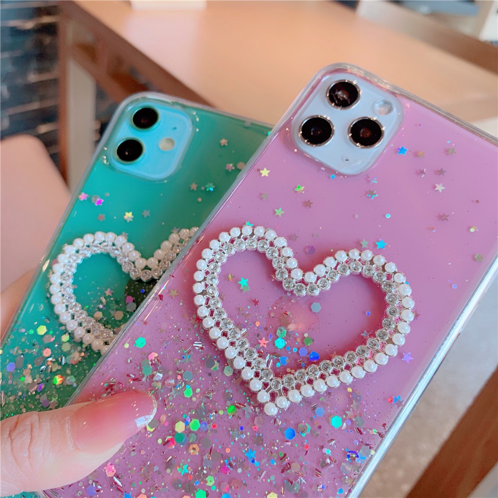 Realme 5 Pro Realme 6 Pro Realme C2 3 Pro Glittering Starry Sky Pearl Love Heart Phone Case for Reno 4 Pro Reno 3 Pro