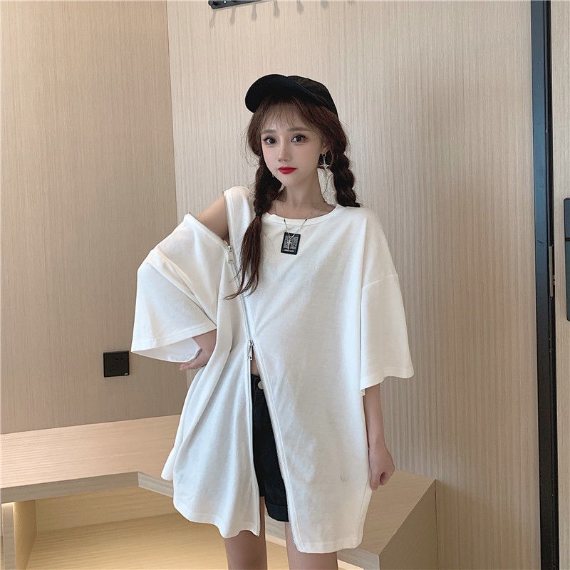 Áo thun ngắn tay dáng rộng xẻ tà thời trang mùa hè dành cho nữ