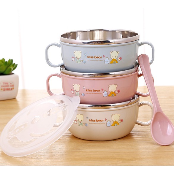BÁT ĂN DẶM ⚡️FREESHIP⚡️ Bát Inox Ăn Dặm Kiss Bear Cách Nhiệt Tặng Kèm Thìa Tập Xúc