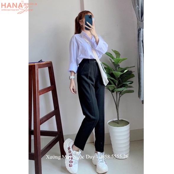 Quần tây nữ đi học lưng cao cạp có đỉa ống đứng suông màu Xanh Đen dáng quần vải baggy học sinh nữ đi học dài đáy cao