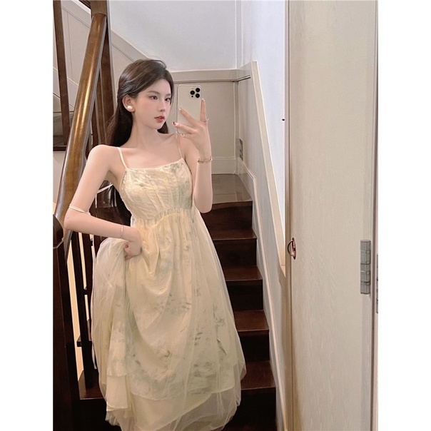 Váy 2 Dây Lưới Dáng Dài Xoè Màu Loang Tiểu Thư