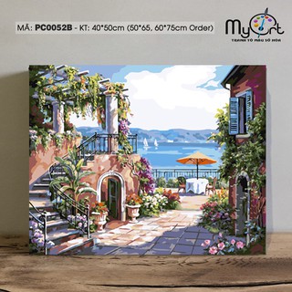 Tranh tự tô màu theo số sơn dầu số hóa Myart - Tranh phong cảnh biển Địa Trung Hải khu vườn ven biển PC0052B