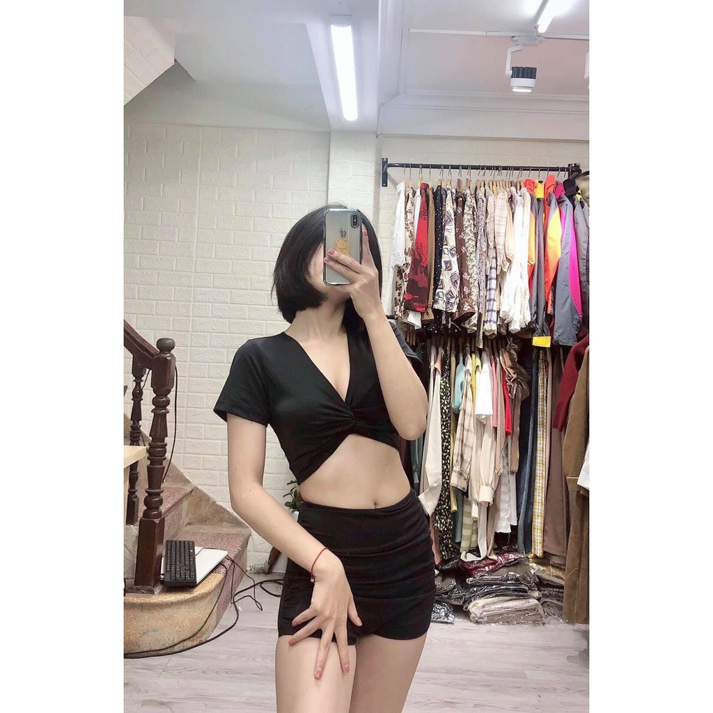 Bikini 2 mảnh, Đồ bơi tắm biển áo cọc tay ngắn xoắn ngực mix quần short lưng cao che bụng kín đáo