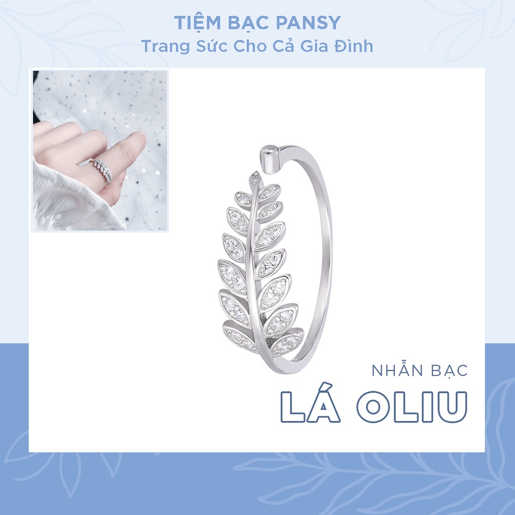 Nhẫn bạc nữ PANSY hình chiếc lá oliu đính đá, nhẫn bạc 925 thiết kế hở freesize