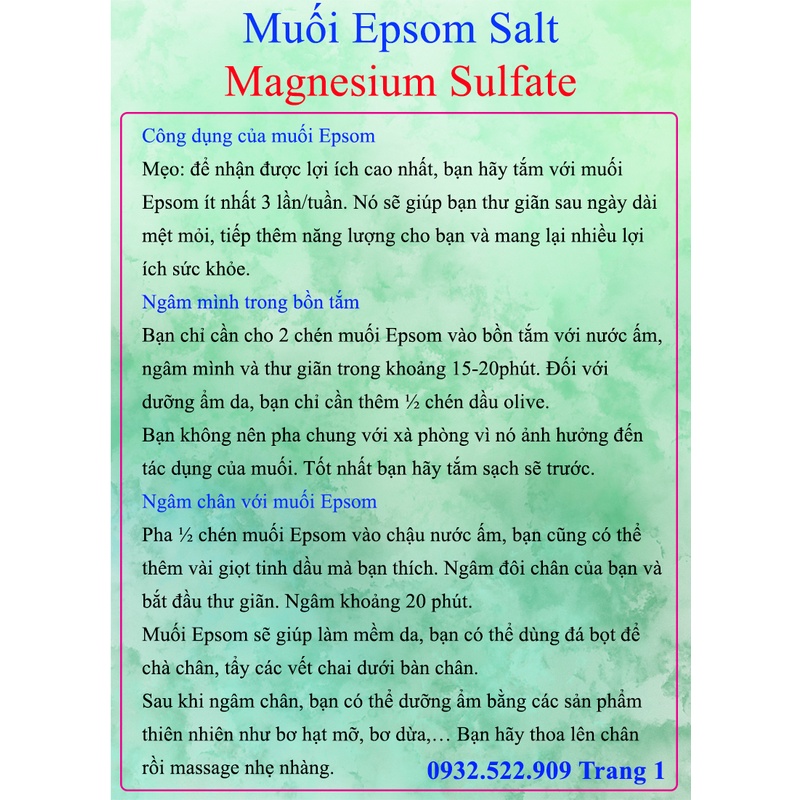 1kg Muối Epsom Salt , MgSO4 dùng trong tắm thư giãn , ngâm chân giảm stess , trong làm đẹp, bón cây trồng