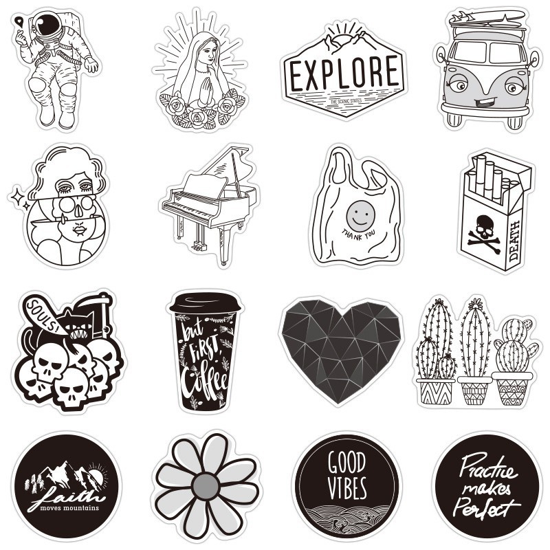 SET 50 MIẾNG STICKER VŨ TRỤ TRẮNG ĐEN BLACK AND WHITE CHỐNG NƯỚC DÁN NÓN BẢO HIỂM, LAPTOP, VALI, TỦ, BÀN HỌC, XE MÁY