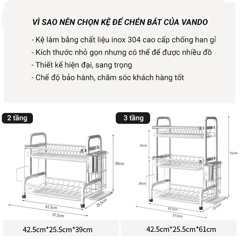 Kệ Để Chén Đĩa Inox 304 và Thép Carbon Sơn Đen VANDO Giá Bát Nhỏ Có Khay Hứng Nước | BigBuy360 - bigbuy360.vn
