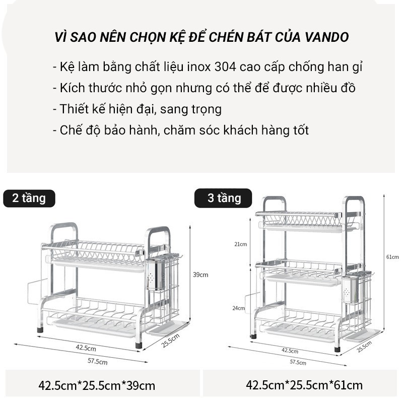 Kệ Để Chén Đĩa Inox 304 và Thép Carbon Sơn Đen VANDO Giá Bát Nhỏ Có Khay Hứng Nước