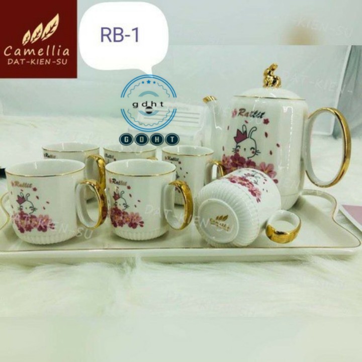 bộ bình cốc kèm khay sứ pha trà hình thỏ hồng