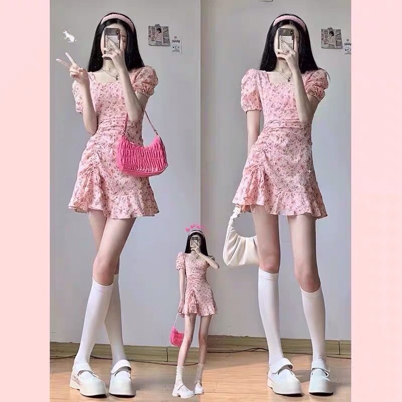 SẴN - HÀNG HOT - ẢNH THẬT Váy hoa nhí body dáng ngắn cổ vuông nhẹ nhàng