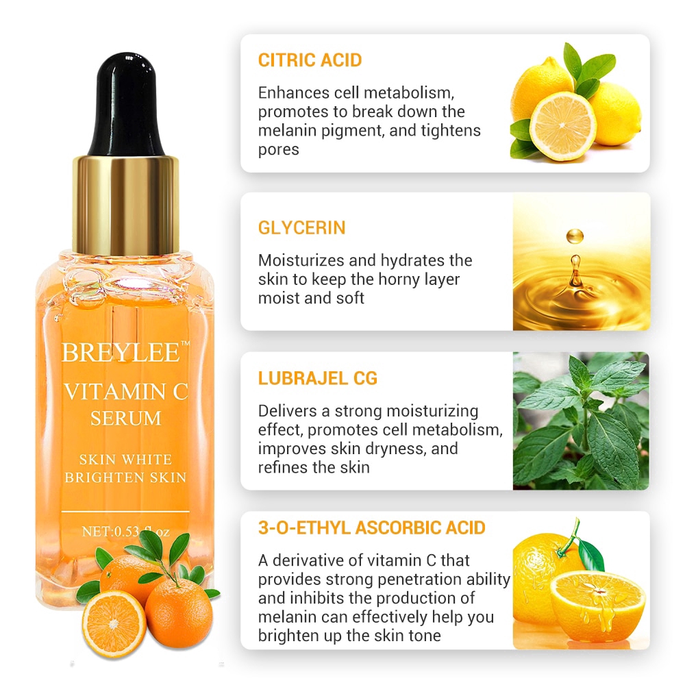 BREYLEE serum blance Vitamin C Brighten Face Skin Care Fade Dark Spots Freckle Anti-Aging Whitening 17ml