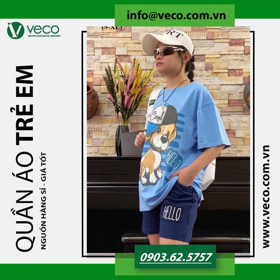 Sỉ Quần Áo Trẻ Em Cao Cấp VECO BS221-060003 Bộ Sọt Thun Cotton 100% Cho Bé Gái Từ 1 Đến 15 tuổi