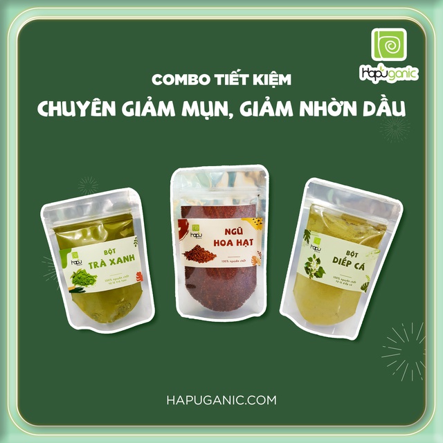 Combo Chuyên da mụn Ngũ hoa hạt, Trà xanh, Diếp cá HaPu Organic Mặt Nạ Bột Thiên Nhiên Hapuganic