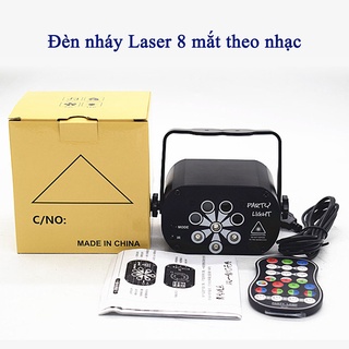 Đèn nháy theo nhạc 6-8 mắt laser chiếu 64 hình, đèn phòng bay chiếu ánh sáng laser có điều khiển từ xa