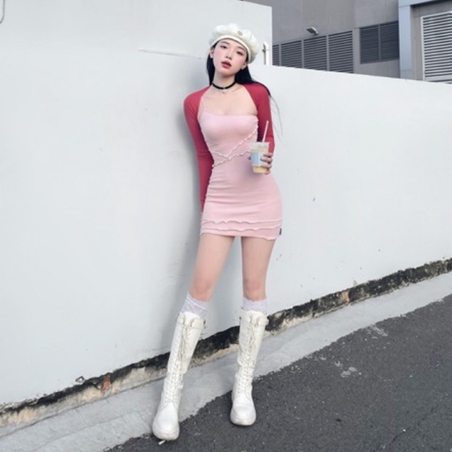 Set váy body kèm cardigan cuốn biên trắng sexy đi chơi hẹn hò
