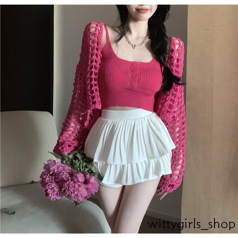 Wittygirls_ Shop | Áo Khoác Cardigan Dệt Kim Tay Dài Dáng Rộng Phối Lưới Thời Trang Mùa Thu