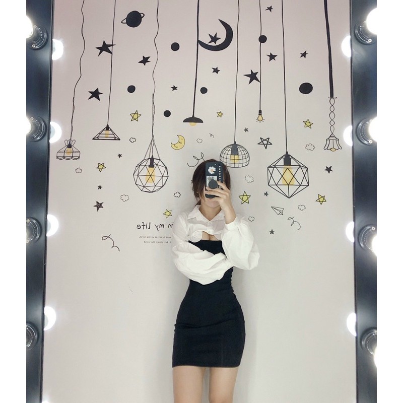 set váy ulzzang hai dây body áo sơmi croptop bèo