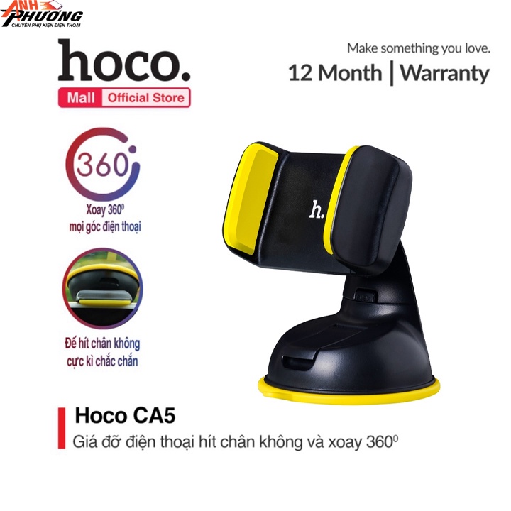 Giá đỡ điện thoại oto Hoco CA5 Chính Hãng Xoay 360 độ, Đế Hít Chân Không Chắc Chắn