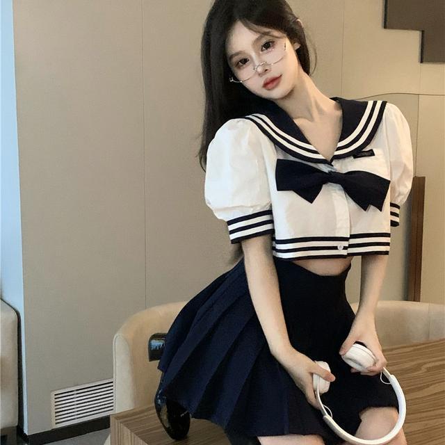 Jiashucheng Bộ Áo Sơ Mi Ngắn Tay Thắt Nơ Cổ + Chân Váy Phong Cách Preppy Thời Trang Mùa Hè Cho Nữ