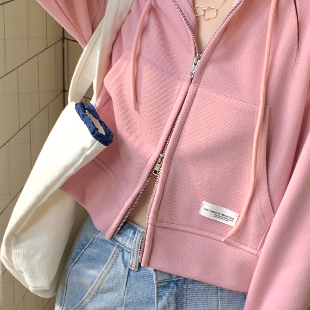 Áo khoác nỉ nữ chất đẹp 2022, áo khoác cardigan hoodie zip tay dài croptop màu hồng, xám, xanh