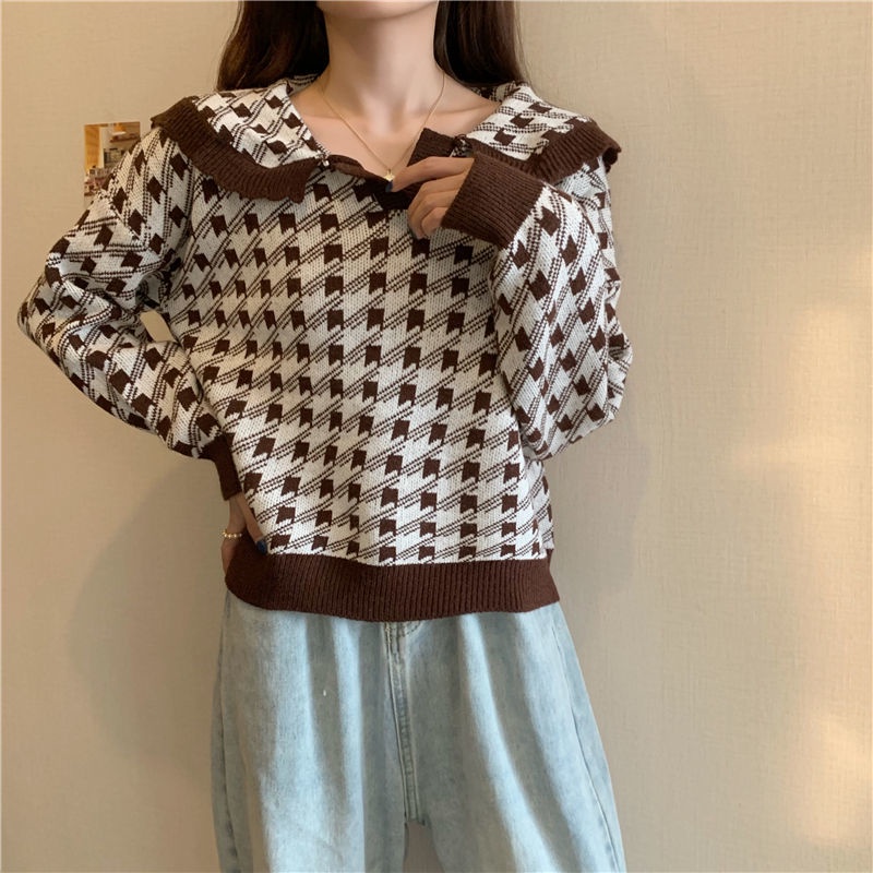 Áo dệt kim tay dài cổ búp bê dáng rộng phong cách hàn quốc