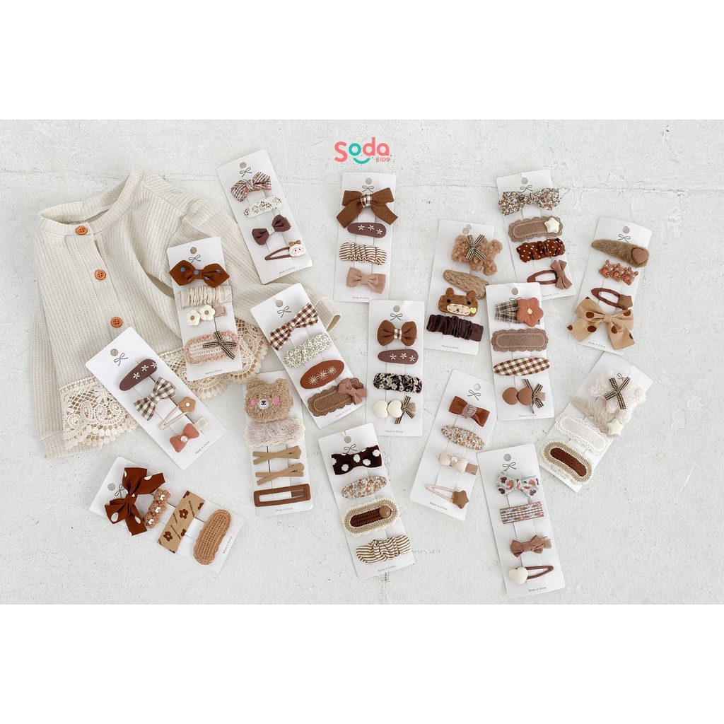 Set 4 kẹp tóc bé gái tone nâu vintage Soda kids phong cách tiểu thư, Hàn Quốc