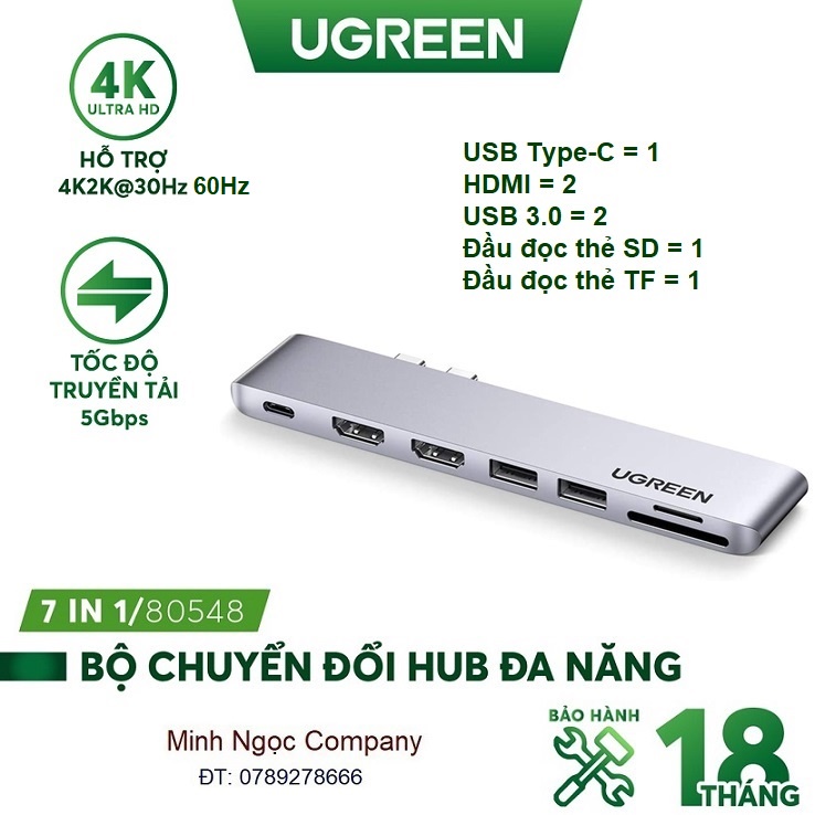 Hub đa năng 7 in 1 từ  USB Type C sang 2 cổng HDMI, 2 cổng USB 3.0, đầu đọc thẻ SD/TF, 1 cổng USB Type-C Ugreen 80548