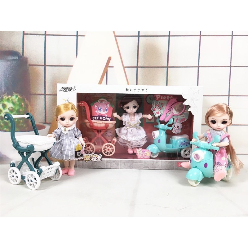 Búp bê Chibi làm bằng cao su non,gồm xe đẩy,xe máy,đồ chơi trang điểm