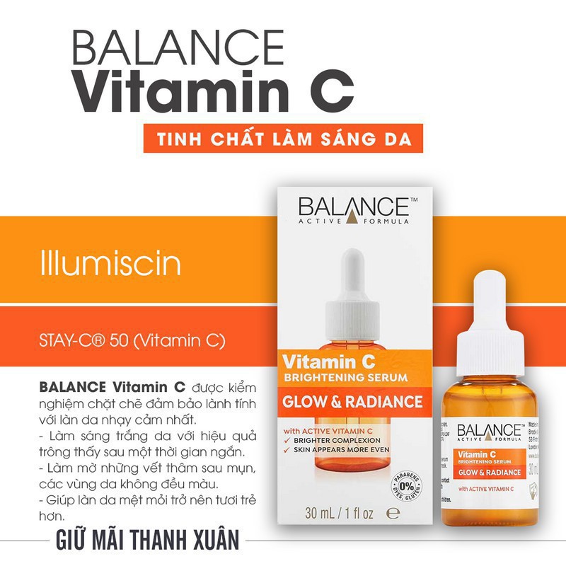 Combo trắng da căng mượt serum Vitamin C + serum Hyaluronic Balance Active Formula 30ml/ chai