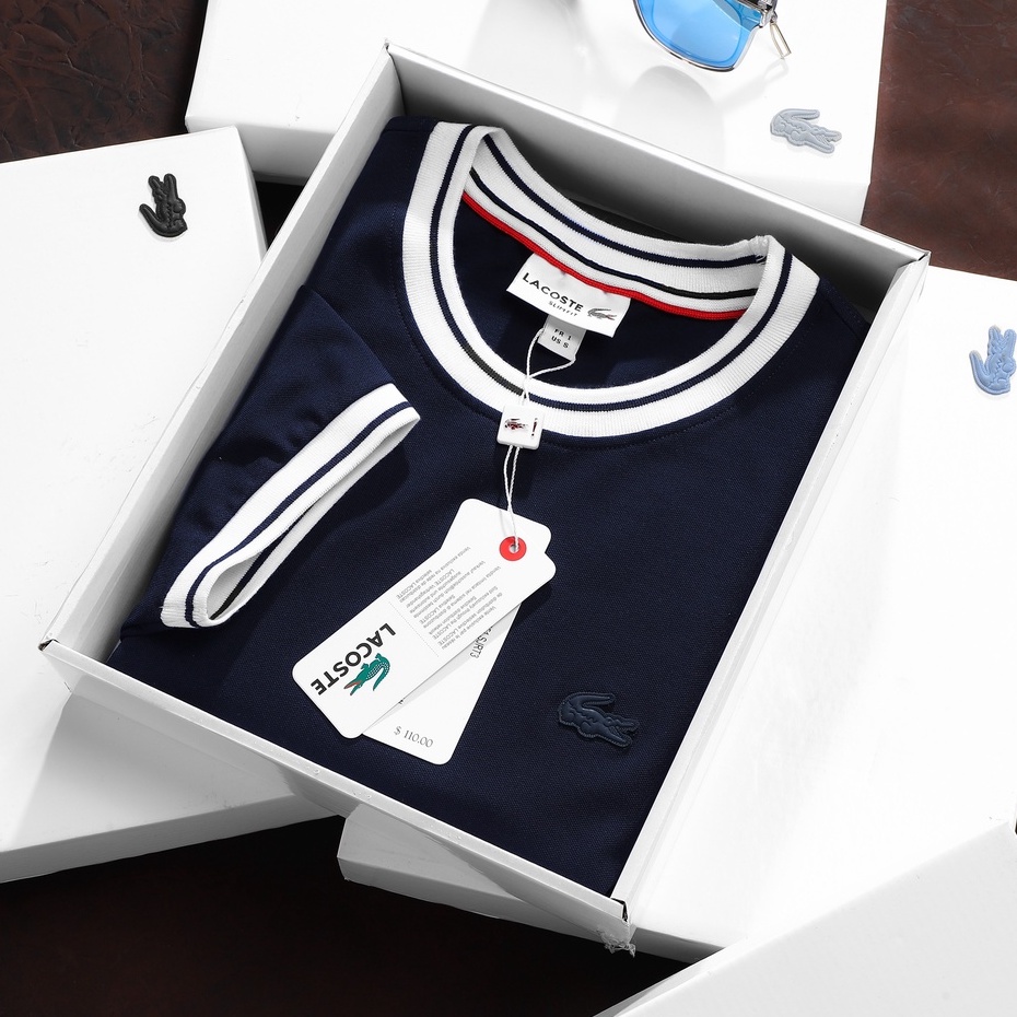 Áo Thun Nam Cổ Tròn, Áo Phông Màu Trắng Đen Viền LACOSTE FRANCE LIMITED Xuất Xịn Logo Cao Su Ép 4 Màu Hàng Cao Cấp
