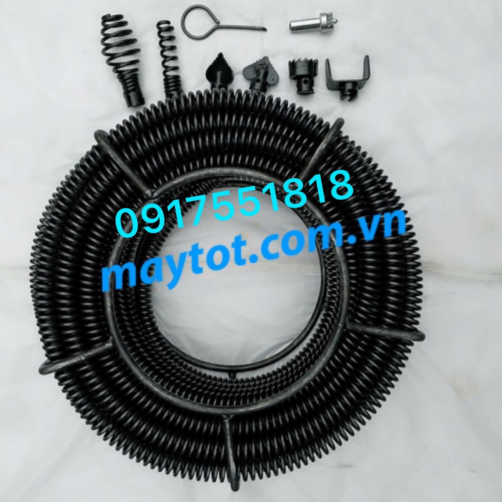Dây thông tắc cống, bồn cầu, bồn rửa dùng cho máy khoan (Gồm dây lò xo phi 16 + 6 đầu thông + 1 đầu kết)