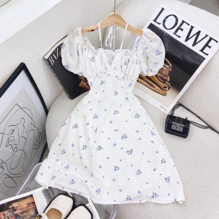 Đầm hoa trễ vai dây cổ yếm nhún chỉ cut out lưng