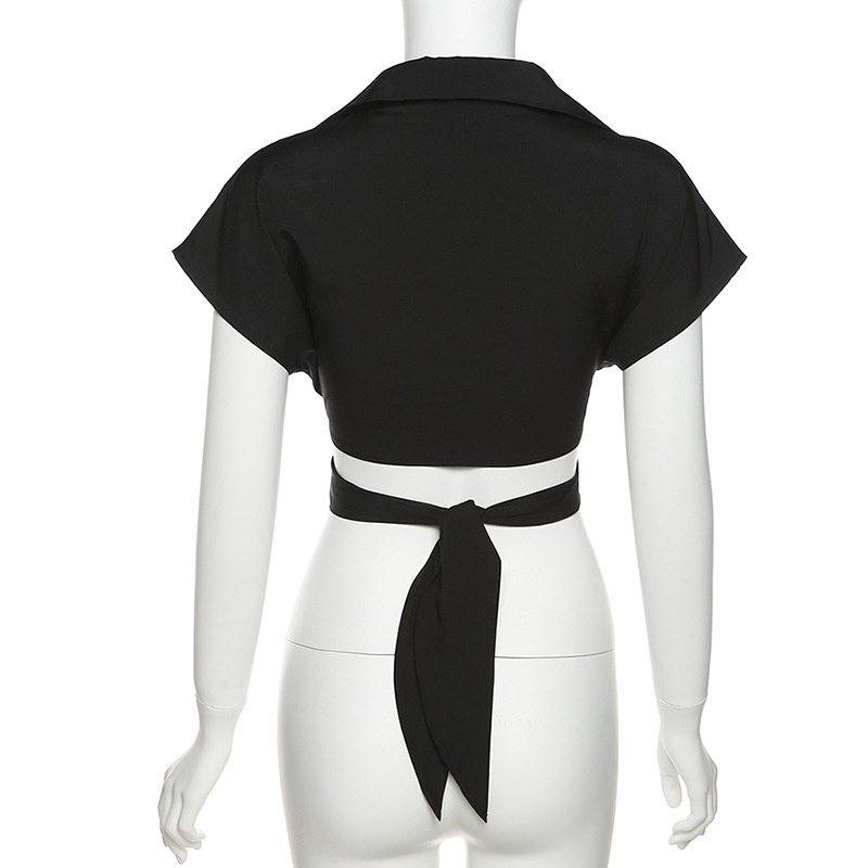 Áo Thun Đính Nút Phối Dây Ruy Băng Phong Cách Đường Phố Cá Tính Cho Nữ