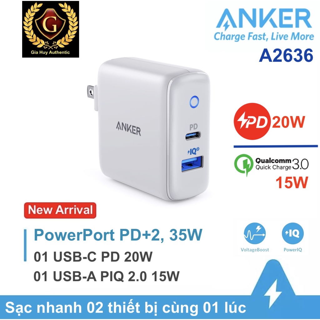 Củ Sạc iPhone 13 Series, iPad Pro ANKER PowerPort PD+2, A2636 35W - 2 Cổng (01 USB-C PD 20W & 01 USB-A Power IQ 2.0 15W)