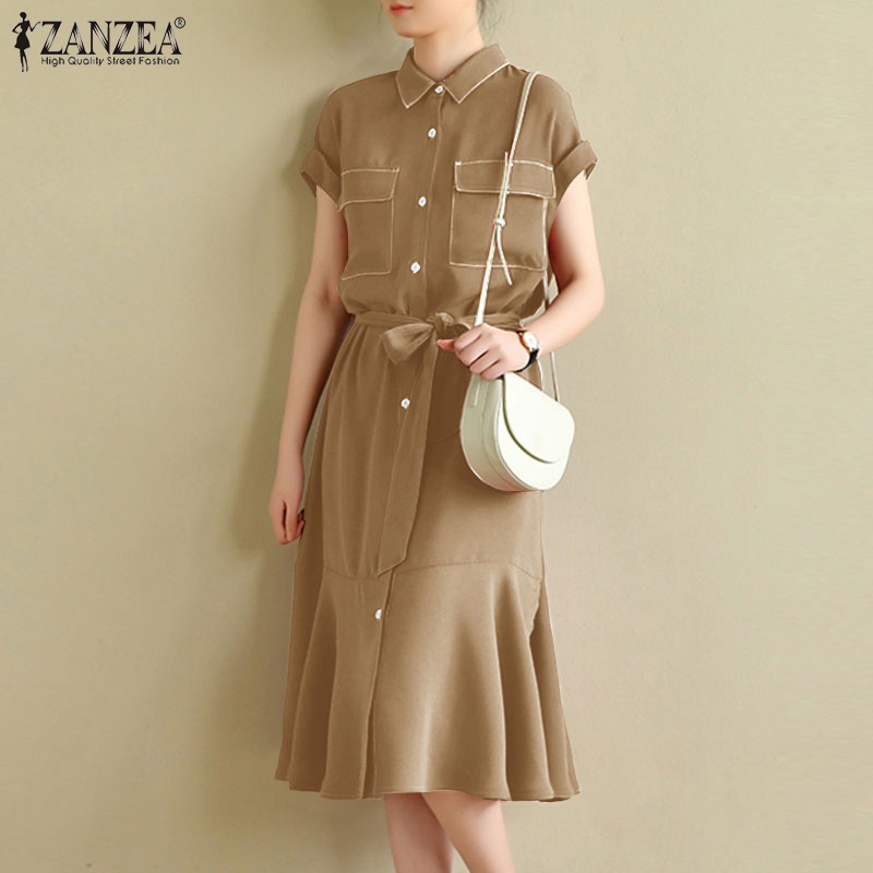 Đầm midi Zanzea tay ngắn màu trơn viền nhún bèo phong cách cổ điển cho nữ