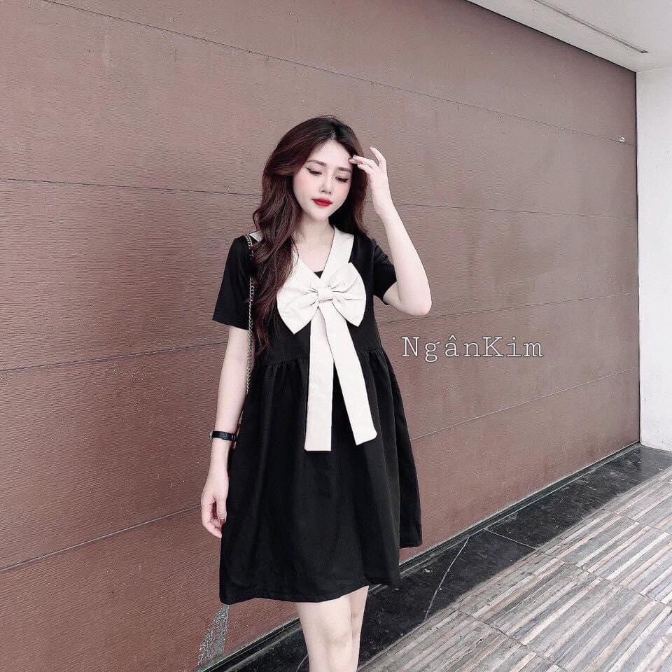 Váy suông freesize baby doll nơ to đính ngực