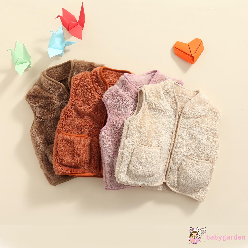 Áo khoác lông không tay cổ chữ V có túi và khóa kéo màu sắc trơn dành cho bé trai bé gái